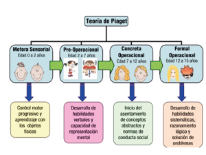 Imagen gráfica sobre la teoría de Piaget: motora sensorial de 0 a 2 años, pre-operacional de 2 a 7 años, concreta operaciones de 7 a 12 años y formal operacional de 12 a 15 años