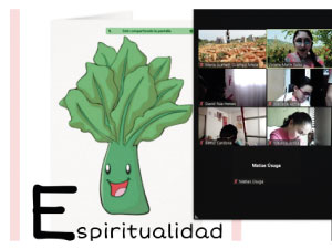 Imagen símbolo de Espiritualidad (espinaca) y estudiantes interactuando